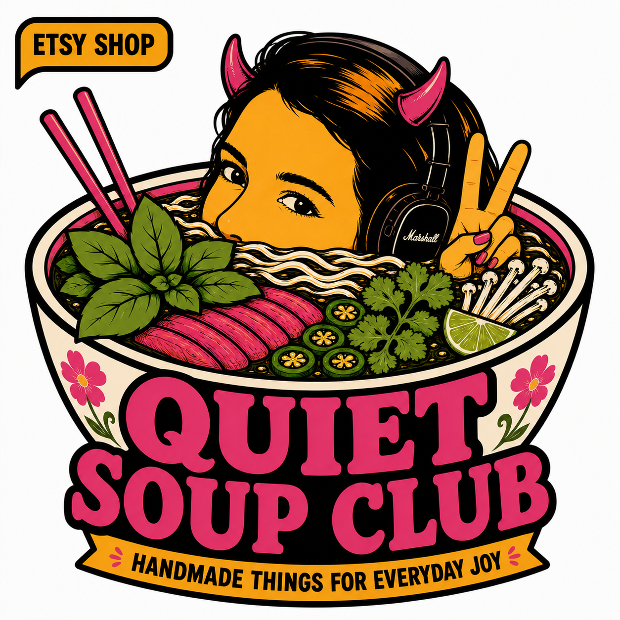 Quiet Soup Club Etsy shop badge: handmade candles, bookmarks, rugs, cup covers, and recipe mini books